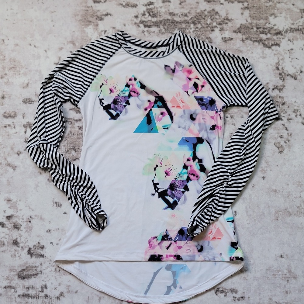 CALIA by Carrie Underwood Rash Guard Small Floral Striped Ruched Sleeve Swim Top